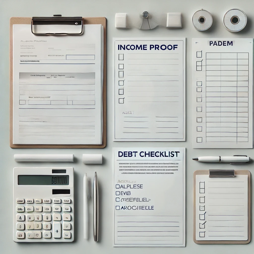 DALL·E 2025-01-14 17.55.35 - A professional and organized flat-lay illustration showcasing essential loan preparation documents. The image features completely blank sheets of pape