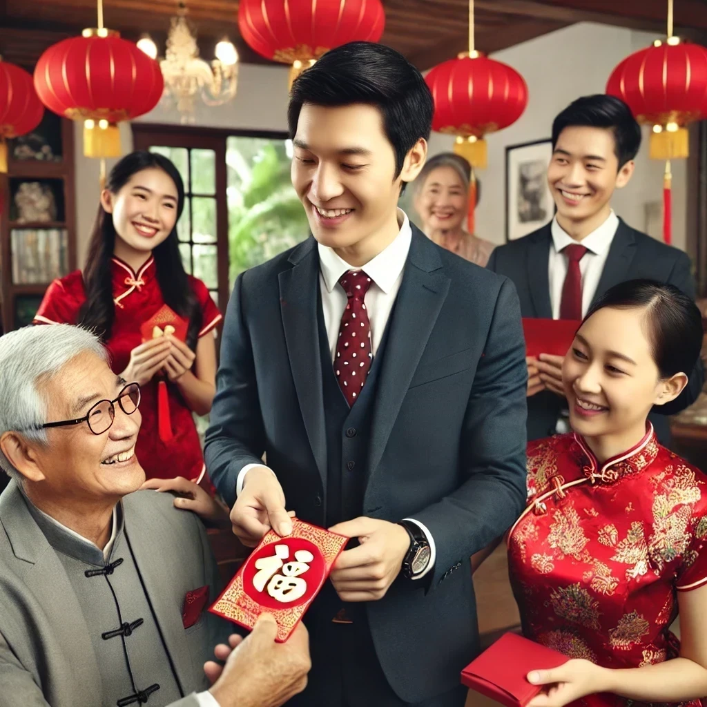 DALL·E 2025-02-13 18.15.46 - A highly realistic and naturally beautiful scene of a young Taiwanese financial advisor returning home during the Lunar New Year. He is dressed in a p